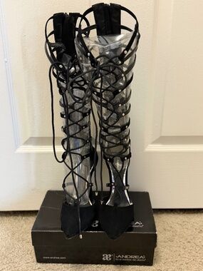 Andrea Black Gladiator Lace-Up Straps Studded Pointed Toe Zip Party Heels Women